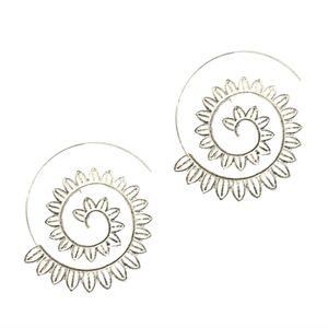 Silver Leaf Spiral Boho Swirl Statement Hoop Earrings Leaves Trim Bohemian Hoops